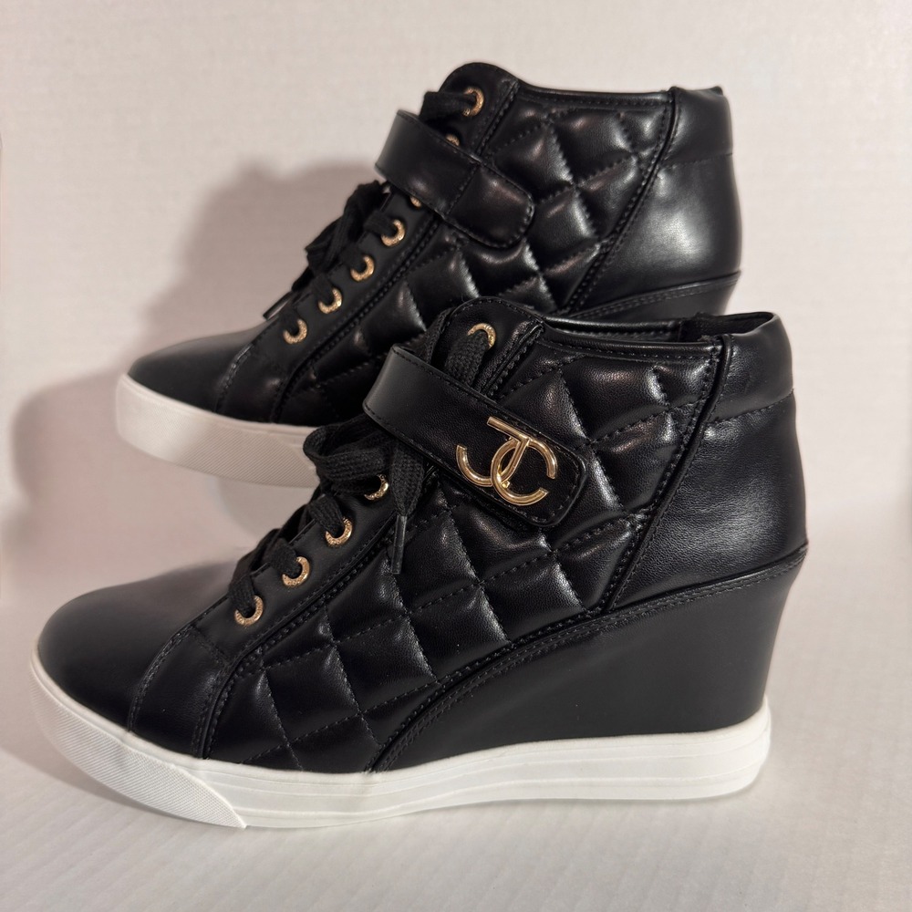Juicy Couture Black Quilted Wedge Sneakers Gold JC Logo High Top Shoes Womens
